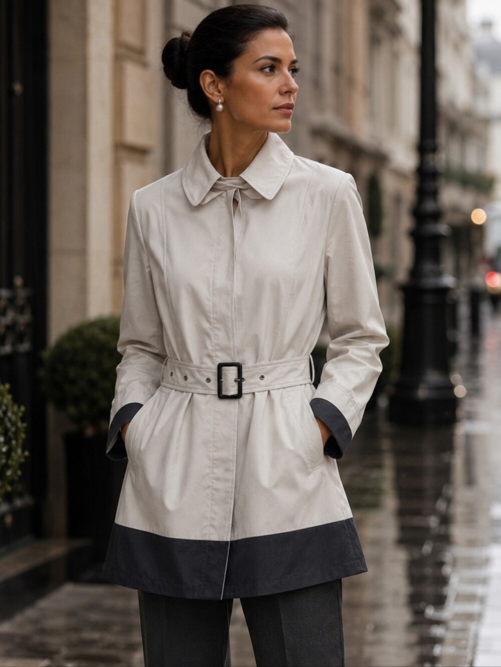 JODHPUR Belted Colorblock Raincoat Trench Coat Cream Black Preppy Equestrian